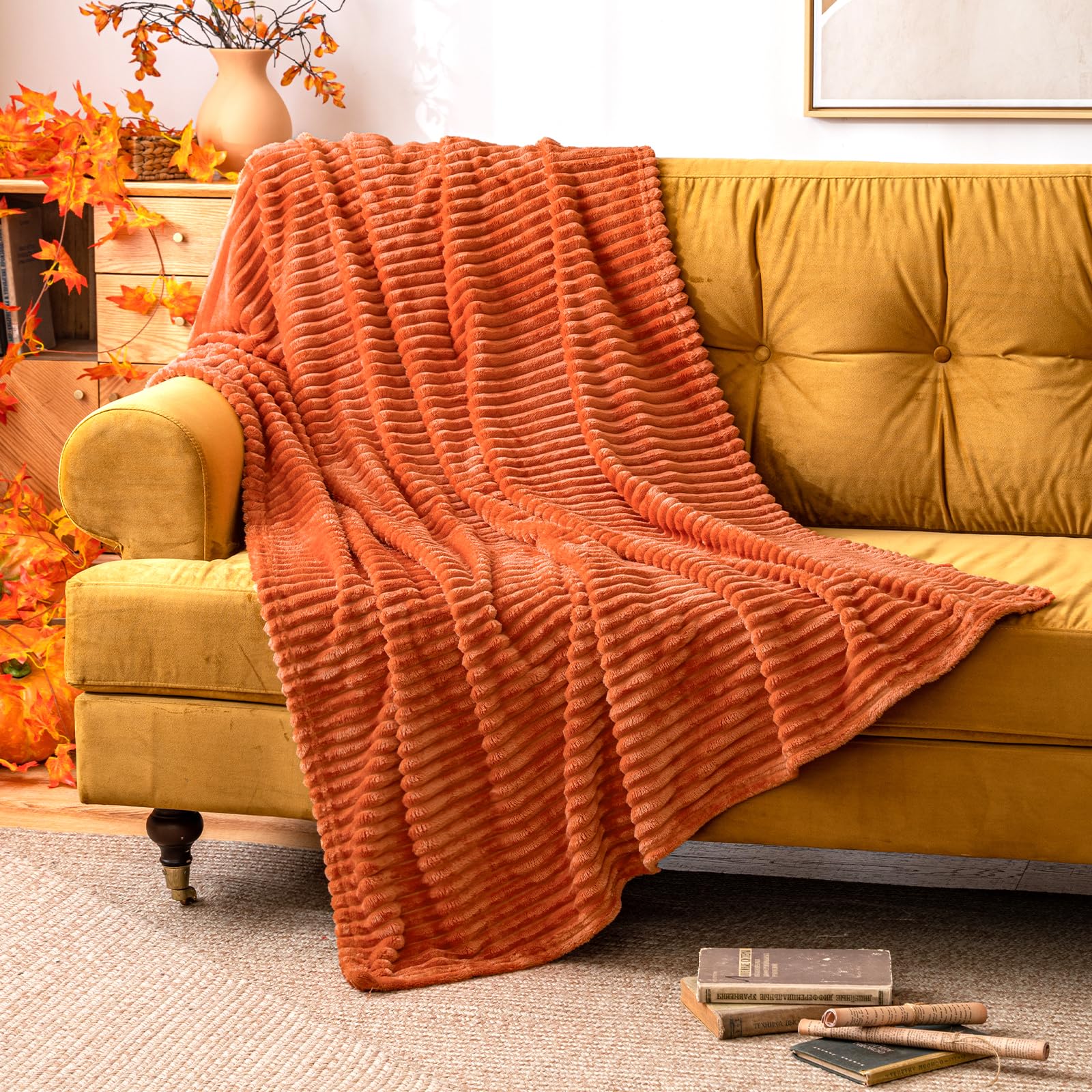 MIULEE Flannel Fleece Throw Blankets Soft Warm Comfortable Throws for Sofa Corduroy Fluffy Blanket Bed Throw for Bedroom Couch Travel Kids Bedroom Accessories 50x60Inch Orange Rust