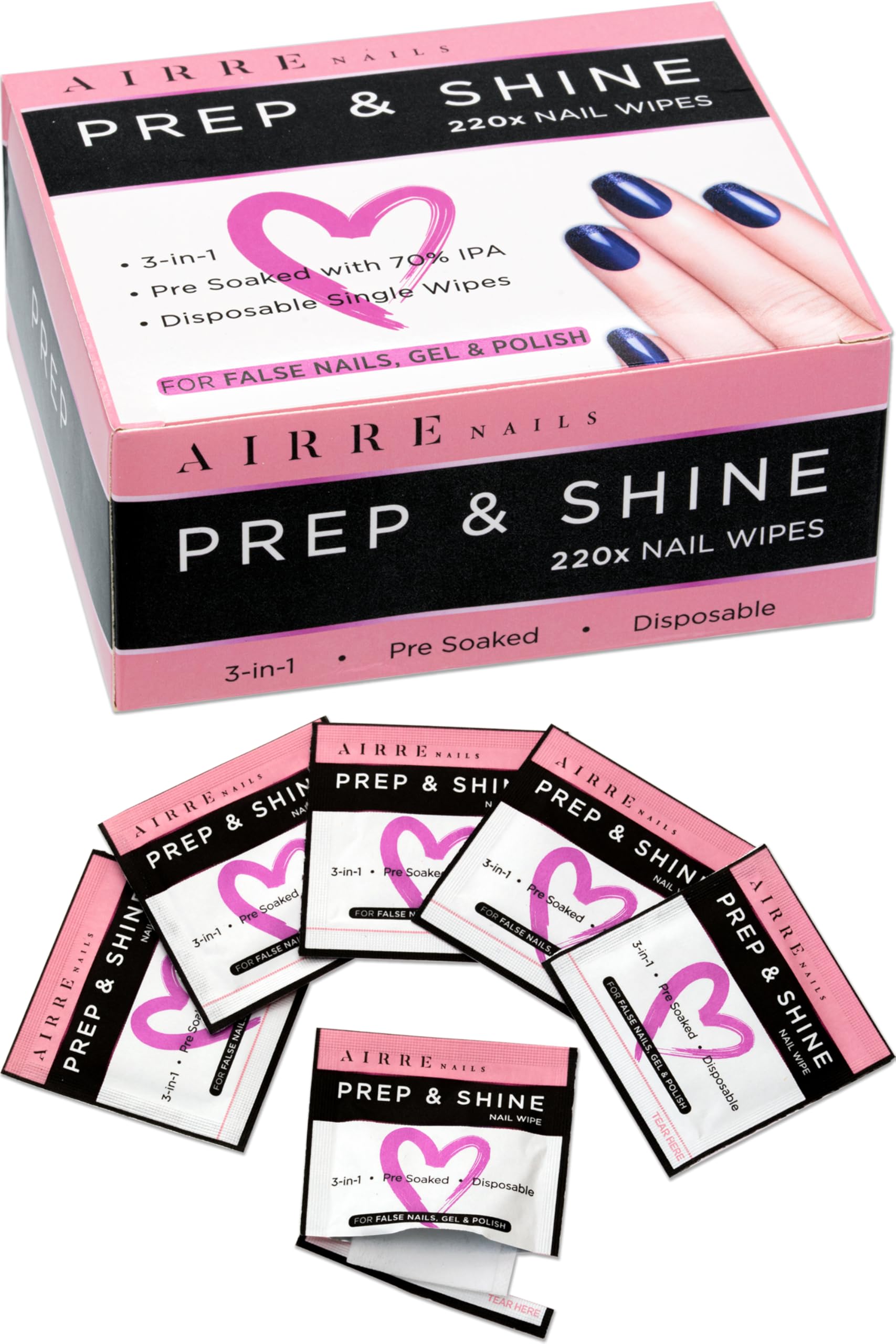 220 AIRRE NAILS Prep & Shine Alcohol Nail Wipes 3in1 Lint-Free Prep & Wipe Cleanser Pads for Gel Polish Sticky Residue & Tacky Layer Remover After UV/LED Curing, For Gel, Acrylic & False Nails & Tips