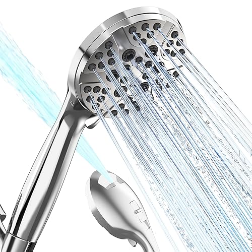 High Pressure Shower Head with Handheld, 6 Spray Modes & Pause Button, 4.1” Rainfall Detachable Showerhead with Anti-burst Nylon Hose & Holder, Premium ABS, Anti-Clog Nozzles, for Low Water Pressure
