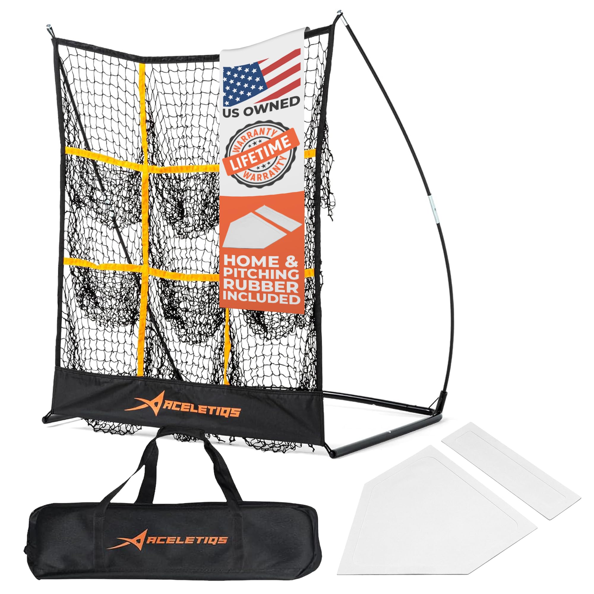 ACELETIQS® 9 Hole Pitching Net with Strike Zone for Baseball Pitching Target (Standard & 3X Adjustable Heights) – Portable Pitcher Training Equipment, Heavy-Duty Frame [Rubber+Base+U Stakes Included] Image