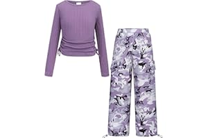 Yhnslsf Girls Clothes Tween Girl Clothing Long Sleeve Ruched Drawstring Ribbed Knit Top Camo Cargo Pants Fall Winter Outfits