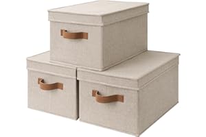 StorageWorks Large Storage Bins with Lids, Decorative Storage Boxes with Lid and PU Handles, Foldable Storage Baskets for Clo