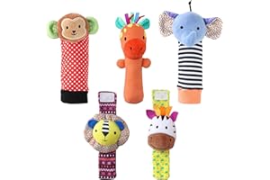 The Peanutshell Sock Rattles Set of 5 - Girl Boy Rattle Socks, Baby Toys 0-6-12 Month, Animal Newborn High Contrast Baby, Inf