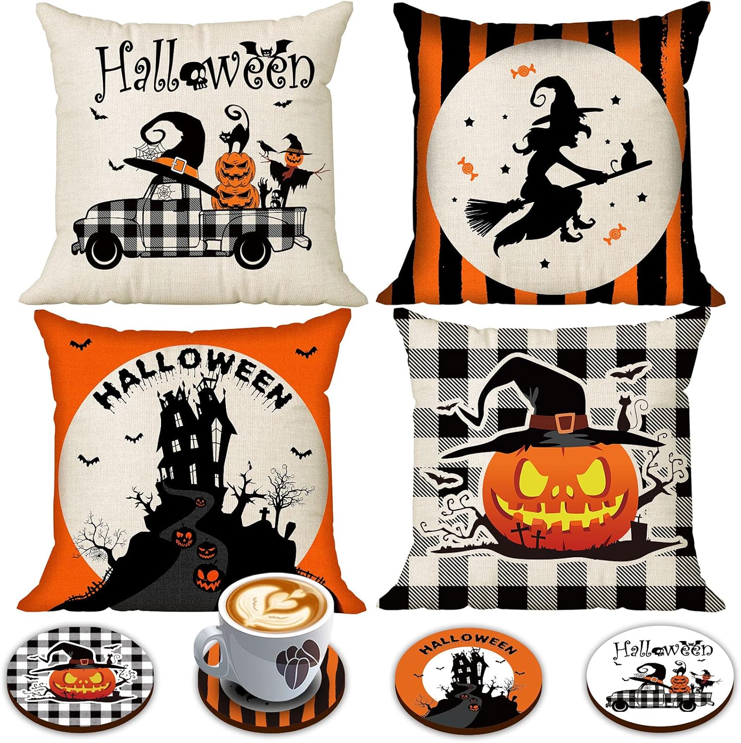 Decorative Pillows, Inserts & Covers - CREATRILL Halloween Spooky Pillow Cover 18 x 18 Set of 4 with 4 Bonus Coasters, Buffalo Check Pumpkin Scarecrow Truck Witch Castle Decorative Pillow Covers for Farmhouse Rustic Halloween Decor Indoor