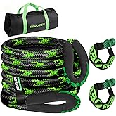 Kinetic Recovery Rope, 1" x 30ft 48500LBS, Kinetic Rope Recovery Kit with 2 Soft Shackles, Heavy Duty Offroad Snatch Strap, 35% High Elasticity Tow Ropes for Trucks SUV UTV, Black & Green Mixed