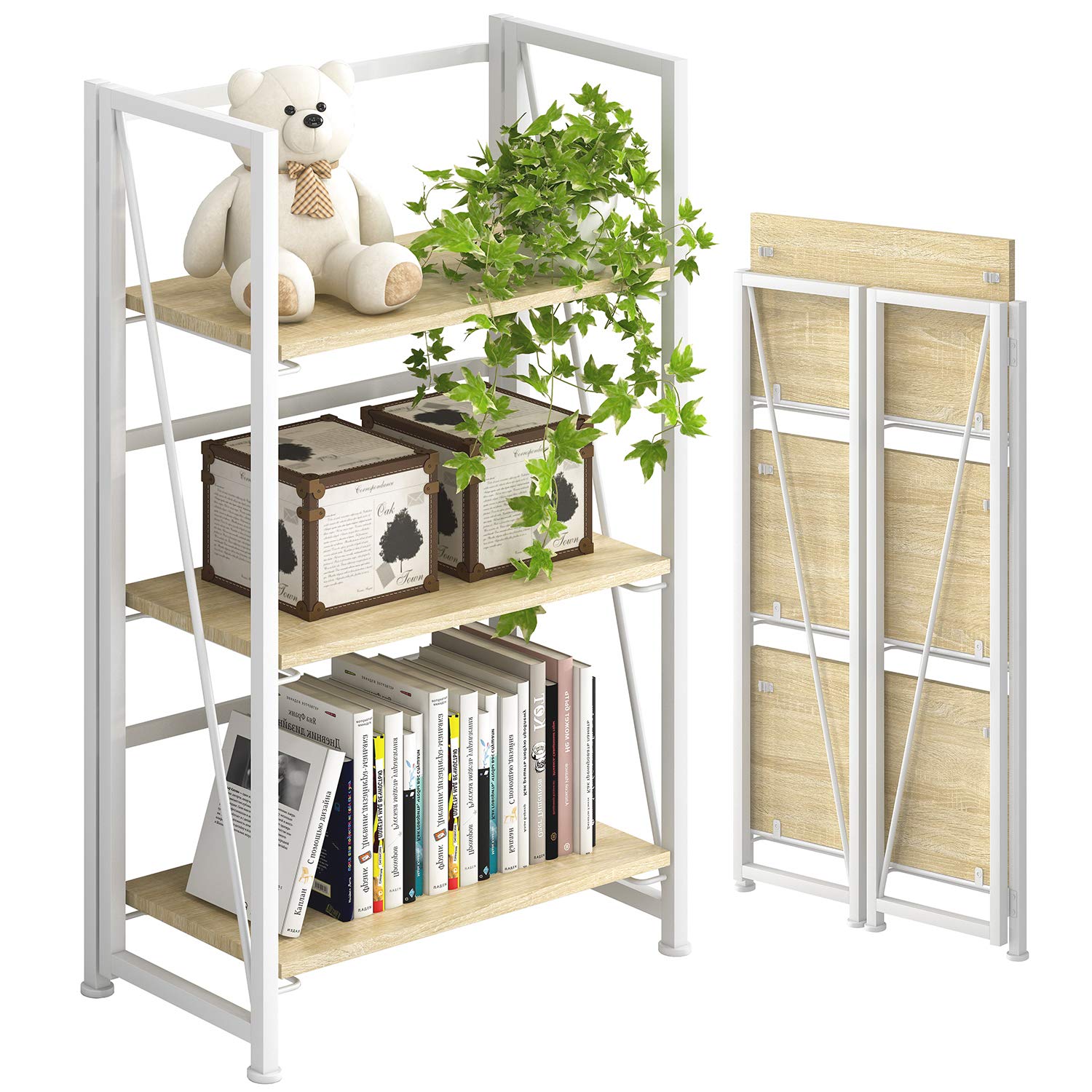 4nm No Assembly Folding Bookshelf Storage Shelves 3 Tiers Vintage Bookcase Standing Racks Study Organizer Home Office 23 62 X 11 61 X 37 6 Inches White Amazon In Home Kitchen