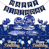 Pajean Blue Happy Birthday Party Tableware Set Birthday Decoration Banner and Tablecloths Decoration Plates Cups Napkins Dinnerware for 24 Guests Party Supplies(Blue and Gold)