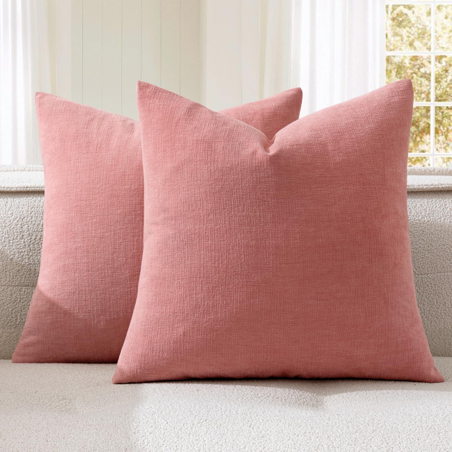Photo 1 of MIULEE Coral Red Couch Pillow Covers 20x20 Inch, Set of 2 Soft Chenille Decorative Square Throw Pillow Covers Farmhouse for Sofa Living Room Bed