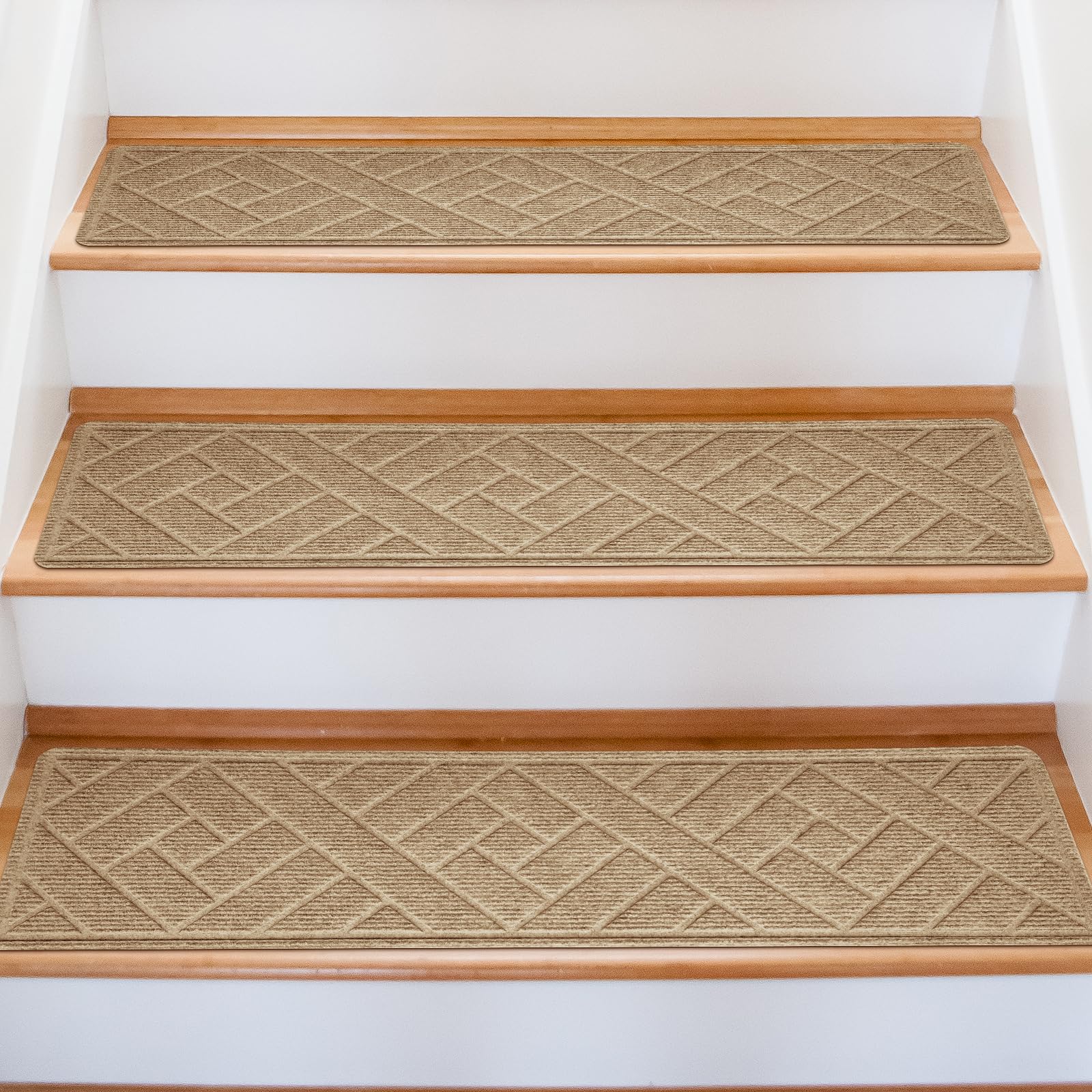 Photo 1 of OXKVPVF 15 Pack 8 "X 30" Non-Slip Carpet Stair Treads for Indoor Wooden Steps, Made of Polyester and Reusable Adhesive, Suitable for Kids Elders and Pets?Beige Lines?