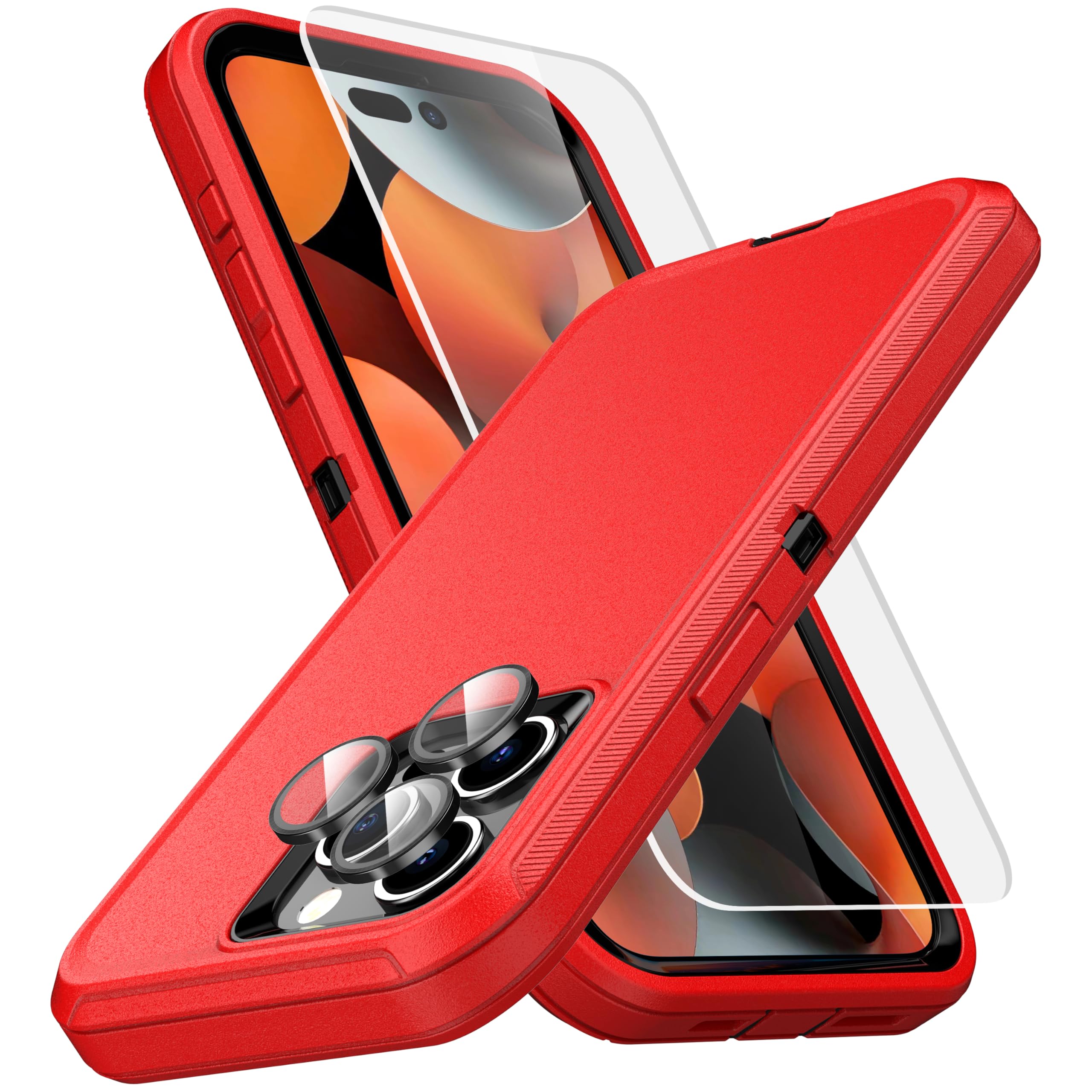 MXX Heavy Duty Made for iPhone 15 pro Case with Tempered Glass Screen, Camera Lens Protector 3-Layer Full Body Protection Shockproof Dustproof Cover for 15 pro Phone Case 6.1" (Red/Black)