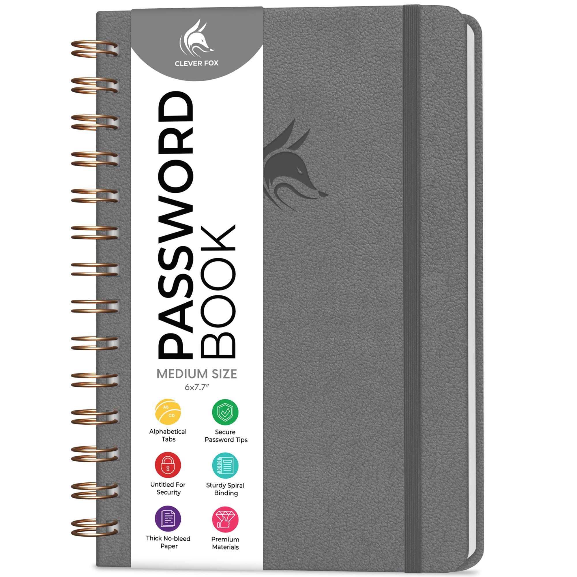 Clever Fox Password Book Spiral – Internet Address Log Book with Alphabetical Tabs, Password Keeper & Organizer - Medium 15.5x19.6cm (Grey)