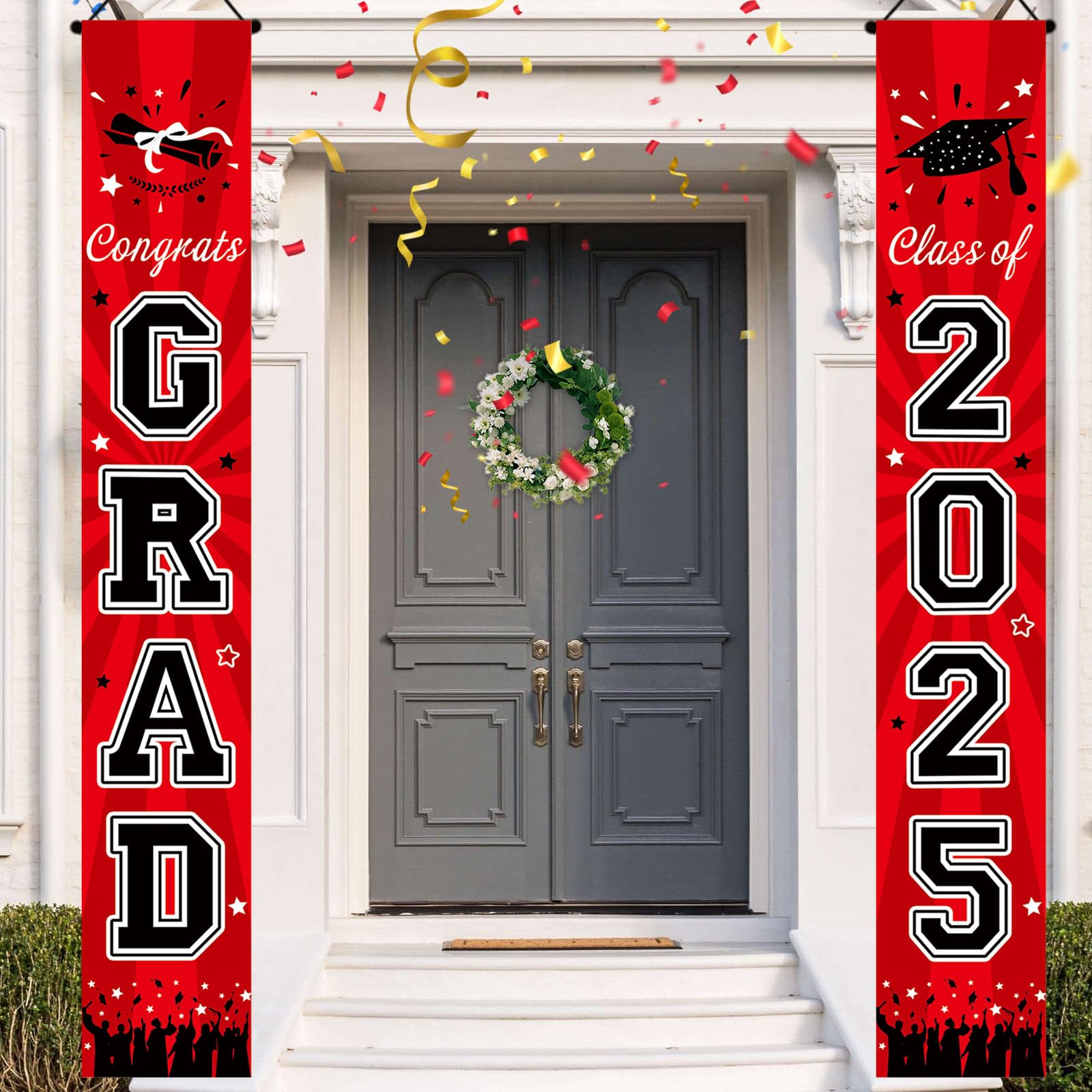 Photo 1 of Graduation Decorations 2025 Red, Congrats Grad Porch Banner for Any Schools or Grades 2025 Graduation Party Decorations
