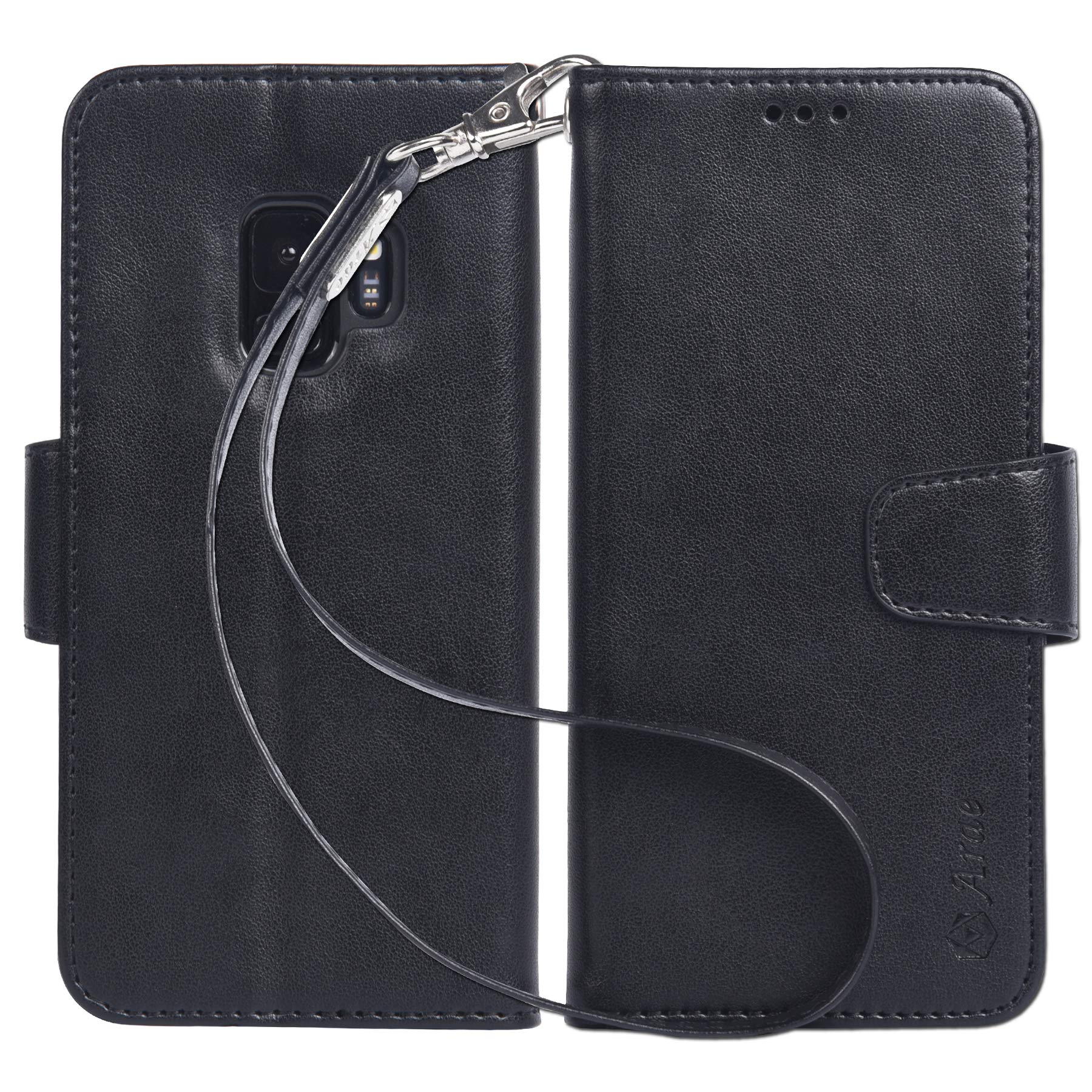 Galaxy S9 plus Case, Arae [Kickstand Feature] PU leather wallet case with [4-slots] ID&Credit Cards Pocket for Samsung Galaxy S9 plus - black