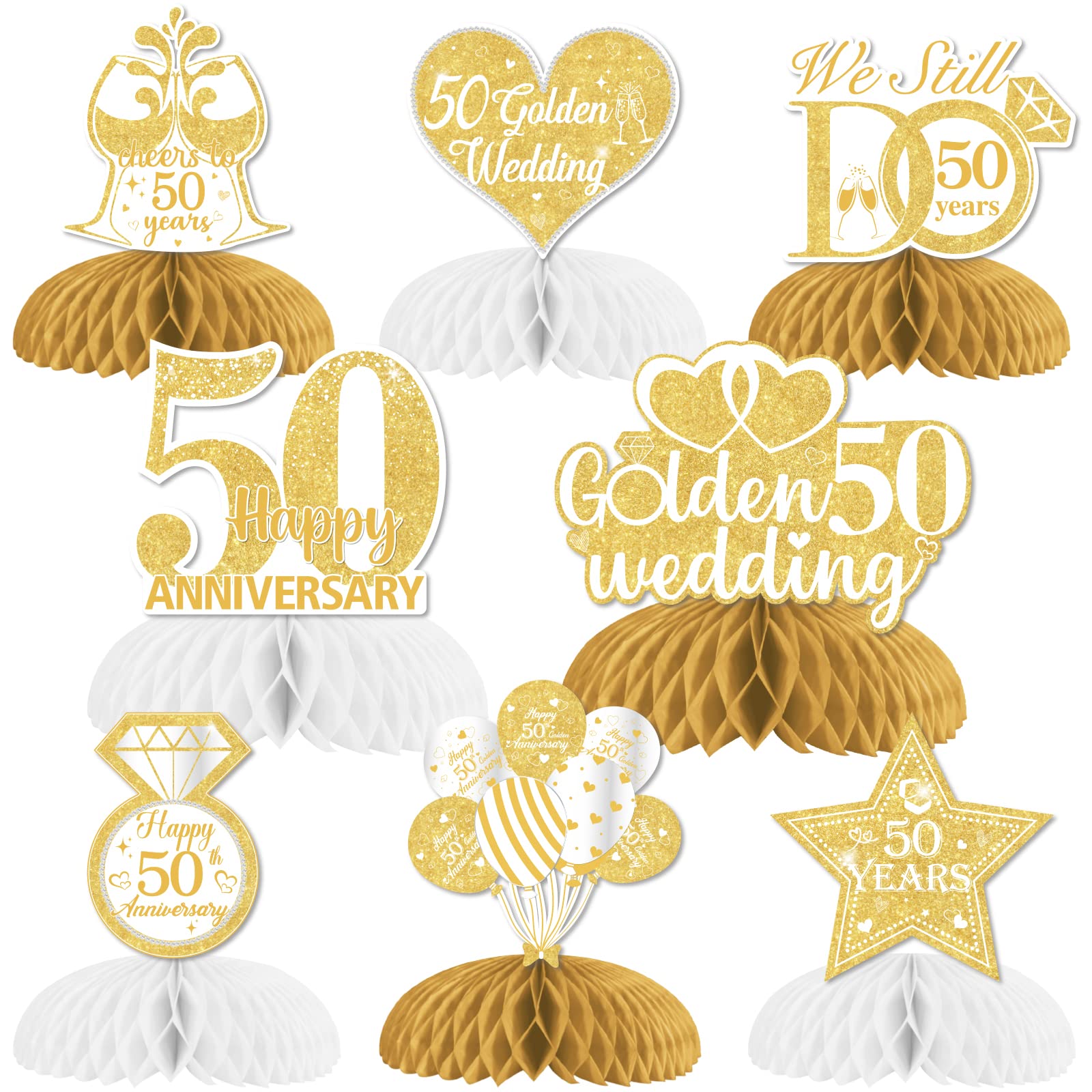 Fangleland 8Pcs Golden Wedding Anniversary Table Decorations, Honeycomb Centerpieces Table Toppers Cheers to 50th Wedding Anniversary Honeycomb Table Topper for Happy Anniversary Decorations Romantic