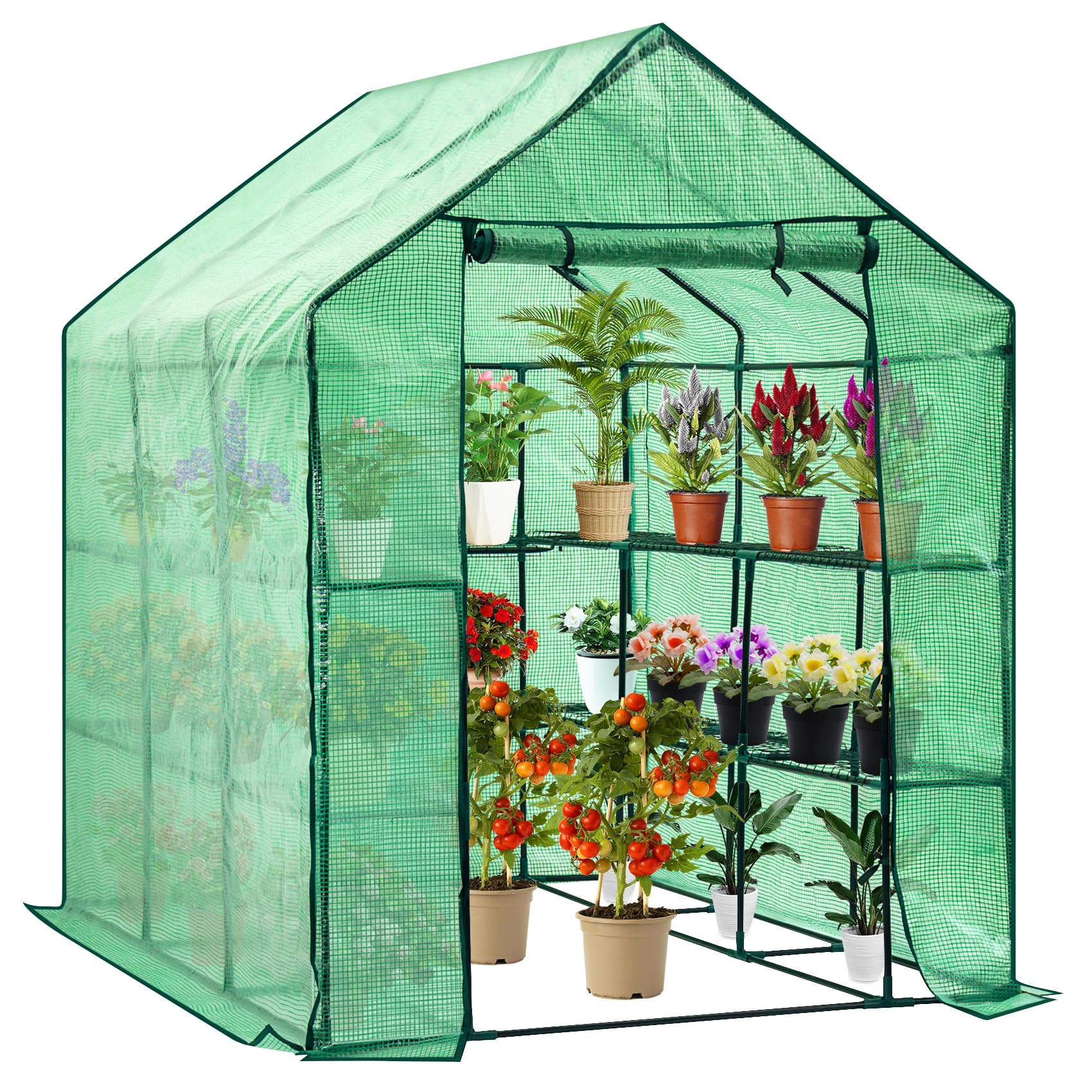 Display4top Greenhouse Portable Green House for Garden Grow House with 14 Shelves Walk In Geenhouse 143x216x195 cm, PE Cover