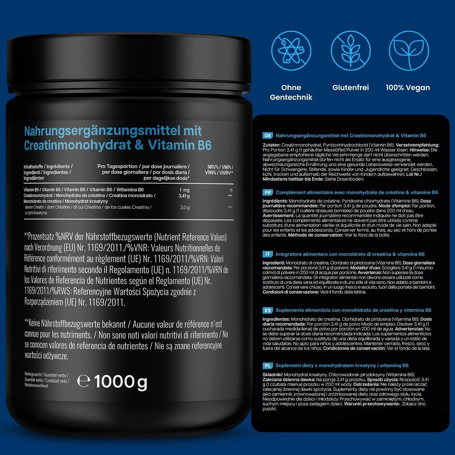 Creatin Monohydrat Pulver 1kg / 1000g - Ultra Reines Kreatin Monohydrat mit Vitamin B6 -Hochdosiert - Extrapure Creatine Monohydrat - Creatin Pulver Monohydrate - Vegan Laborgeprüft 5