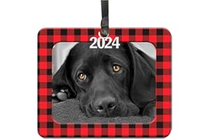 EXPRESSLY YOURS! PHOTO EXPRESSIONS Photo Ornaments for Christmas Tree, Classic Red and Black Buffalo Plaid Christmas Frame Ornament, Easy-Load Magnetic Design, with Satin Ribbon, 2024 Silver Charm Plus Photo Protector, Horizontal
