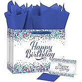 Ranfashiong 16" Extra Large Happy Birthday Boys Gift Bag with Tissue Paper and Greeting Card, for Men, Kid Party Wrapping