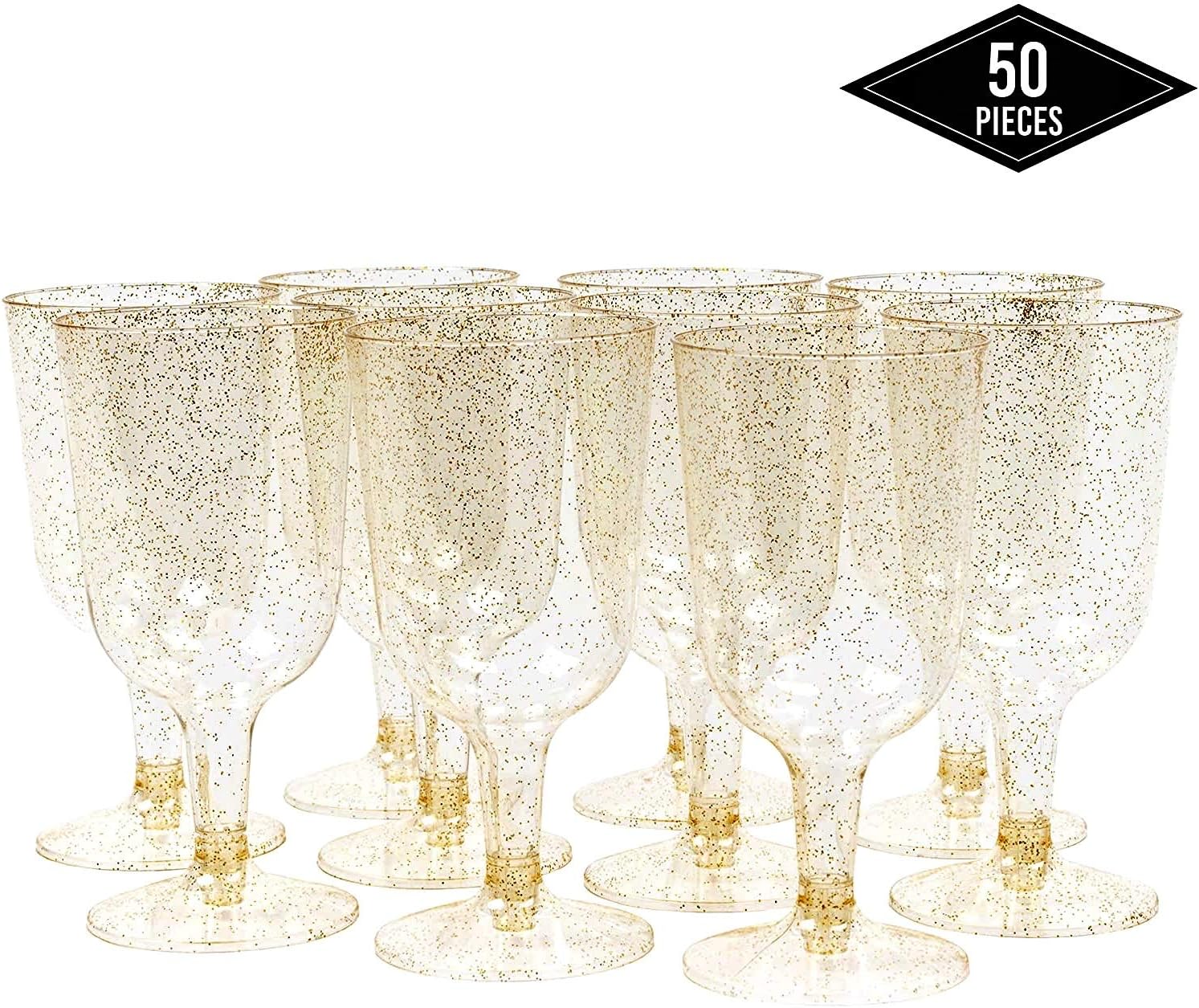 MATANA 50 Premium Plastic Wine Glasses with Gold Glitter (180ml), Reusable Hard Plastic Wine Cups for Cocktails Dessert