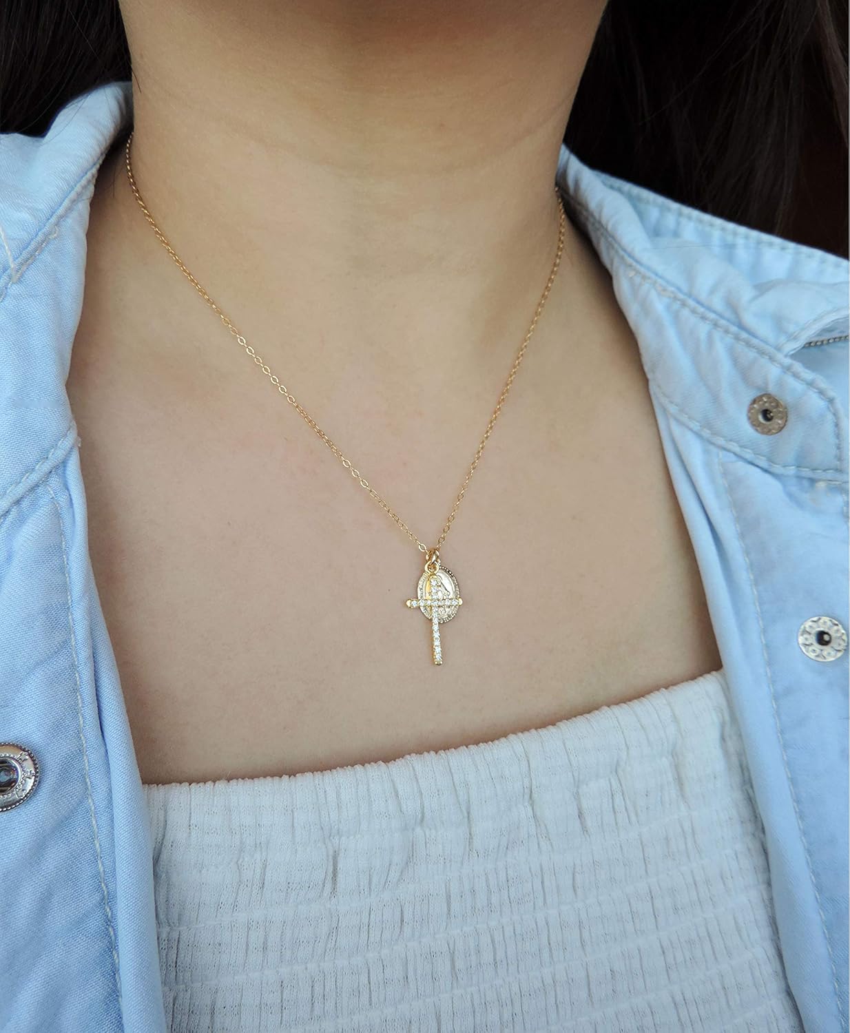 cross and virgin mary necklace