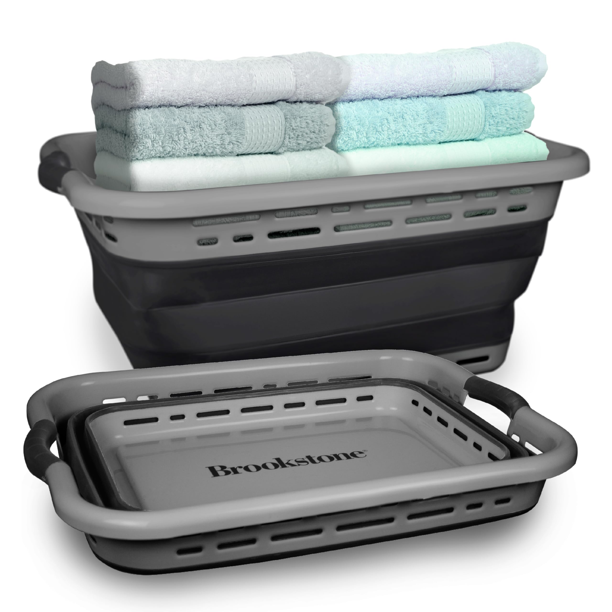 BROOKSTONE Cesta plegable para la colada y cesto para ropa, 11 galones XL, 24 pulgadas, asas antideslizantes cómodas, cesto moderno para la colada con diseño de ahorro de espacio, cesto emergente portátil, sin BPA, gris, 1 paquete