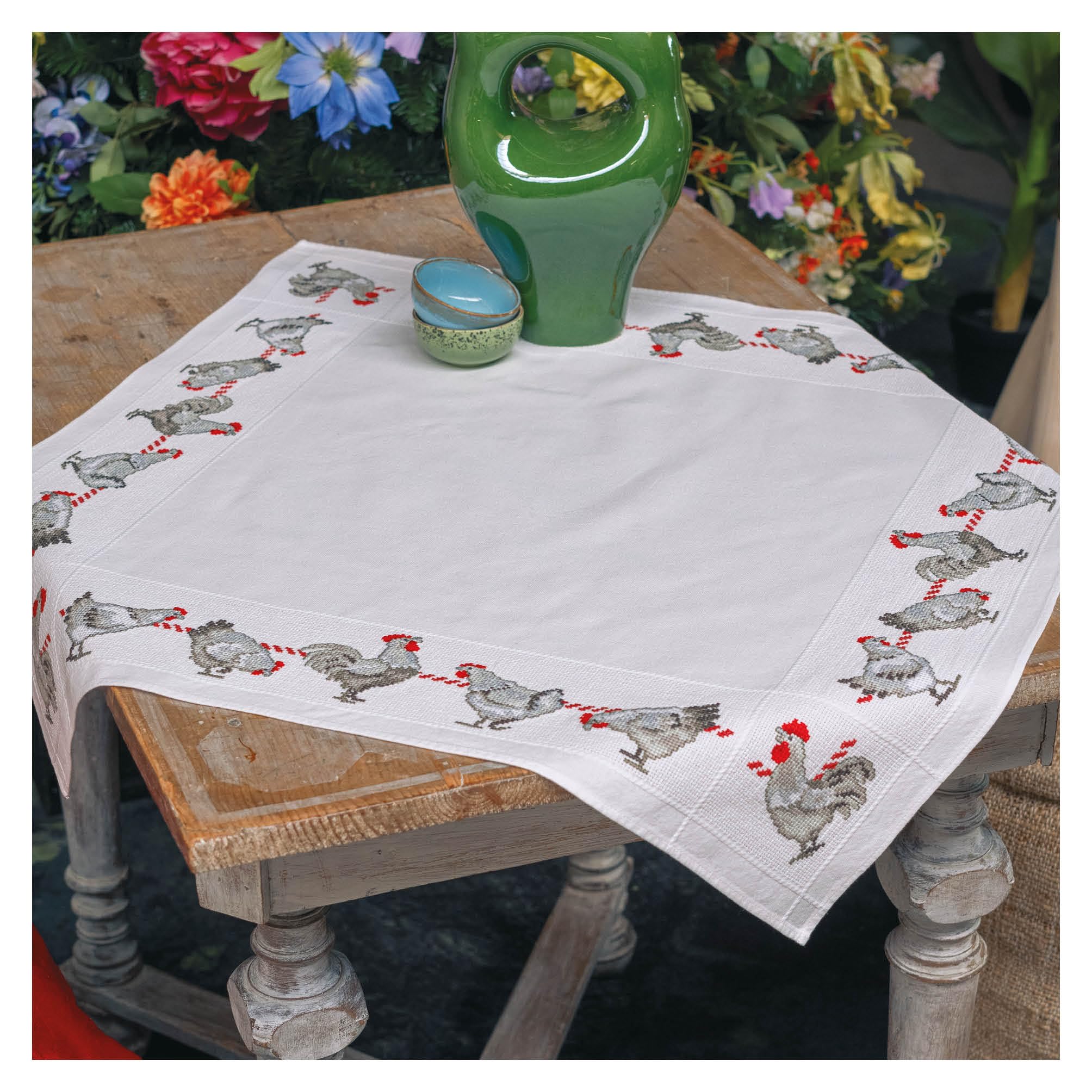 Vervaco Embroidery Kit Tablecloth Counted Pattern Pack Cross Stitch Chickens Embroidery Blankets for DIY Embroidery Craft Kit Craftsman Creative Set for Adults 80 x 80 cm Creative Gift