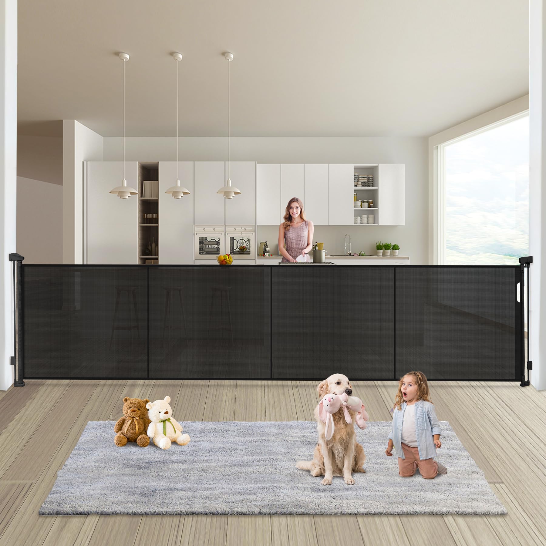 Photo 1 of Retractable Baby Gates Dog Gate - 200" Extra Wide Expandable Child Safety Gate, 37" Tall Toddler Pet Mesh Gate with Reinforced Strips for Doorways, Stairs, Hallways, Outdoor & Indoor Large Openings