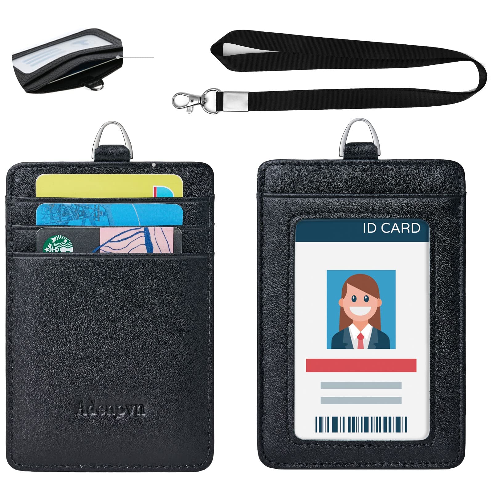 Cow Leather ID Badge Holder with Lanyard(Full Grain Leather,3"*4.5"),1 Clear ID Window and 3 Card Slots,Nylon Neck Lanyard with rotatable and Removable Metal Clasp,Vertical Name Badge Holders