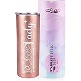 COOZEO Boss Lady Gifts for Women, Her, Female - Boss Lady - 20 oz/590 ml Stainless Steel Insulated Skinny Tumbler with Lid - Boss Gift Idea for Boss Day, Birthday, Appreciation - (Rose Gold)