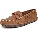 Minnetonka Men's Tread - Suede Moccasin for Men - Water-Resistant Indoor Outdoor Slippers with MinnTREAD Rubber Sole