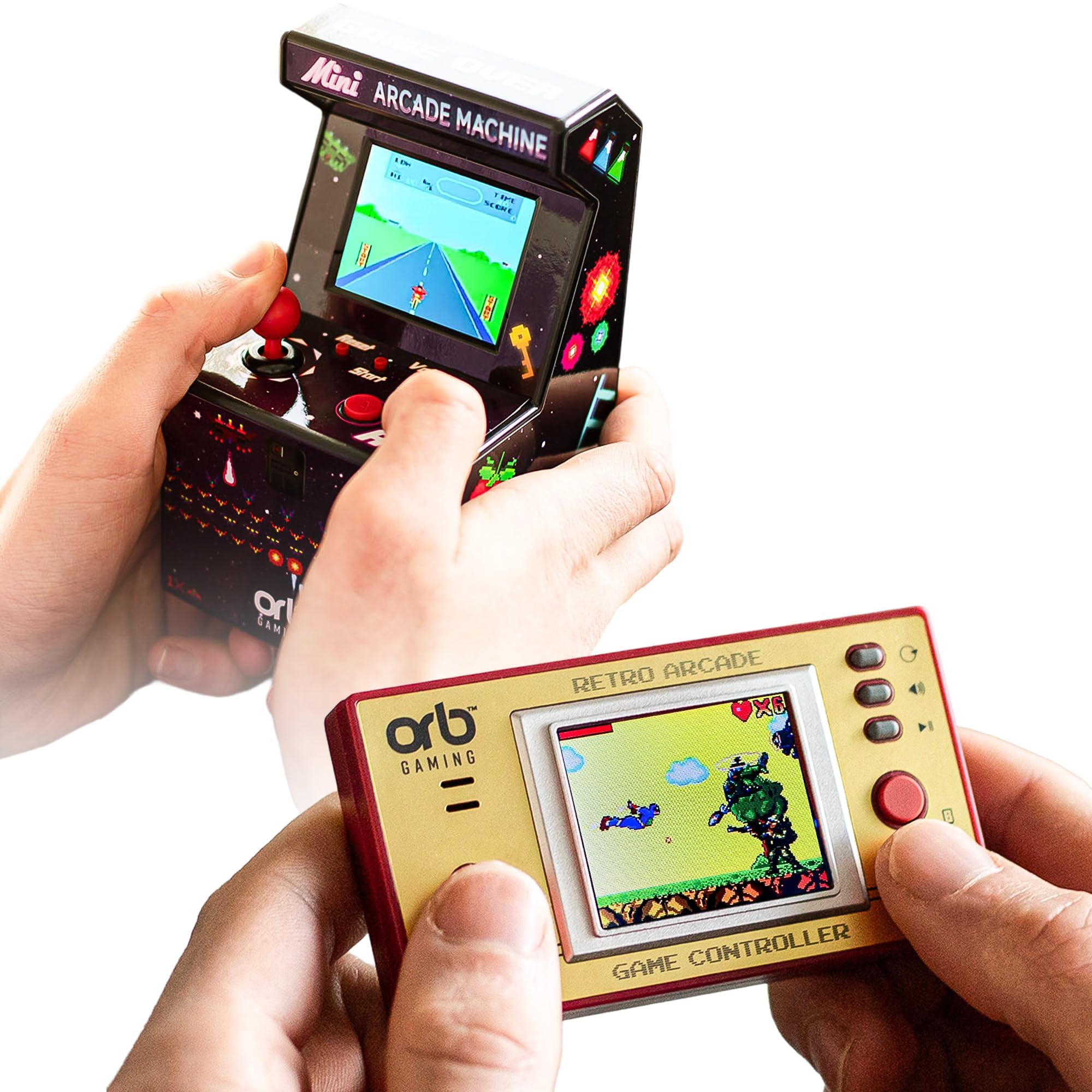 Orb Mini Retro Handheld Games Console & Arcade Bundle - 1 x 150 In-Built Games Console & 1 x 240 In-Built Games Arcade, Full Colour LCD Screen - Thumbs Up!