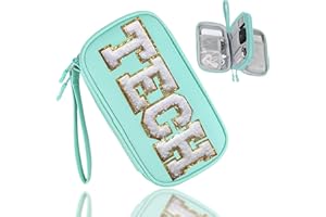 COSHAYSOO Electronics Organizer Bag Travel with Chenille Letter Patch Traveling Must Have Accessories Cute Personalized Gift for Women Cable Cord Charger Storage Pouch (Teal Blue)