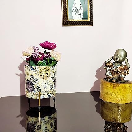 Amishi Blissful Decor Designer 5 inches Small pots with Stand for Indoor Plants -Designer Meena Green Flower planters for Living Room. (Purple)