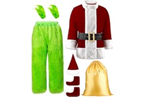 Mojonnie Green Costume Adult 8PCS Adult Halloween Christmas Santa Claus Costume for Men Santa Suit Furry Cosplay Suit