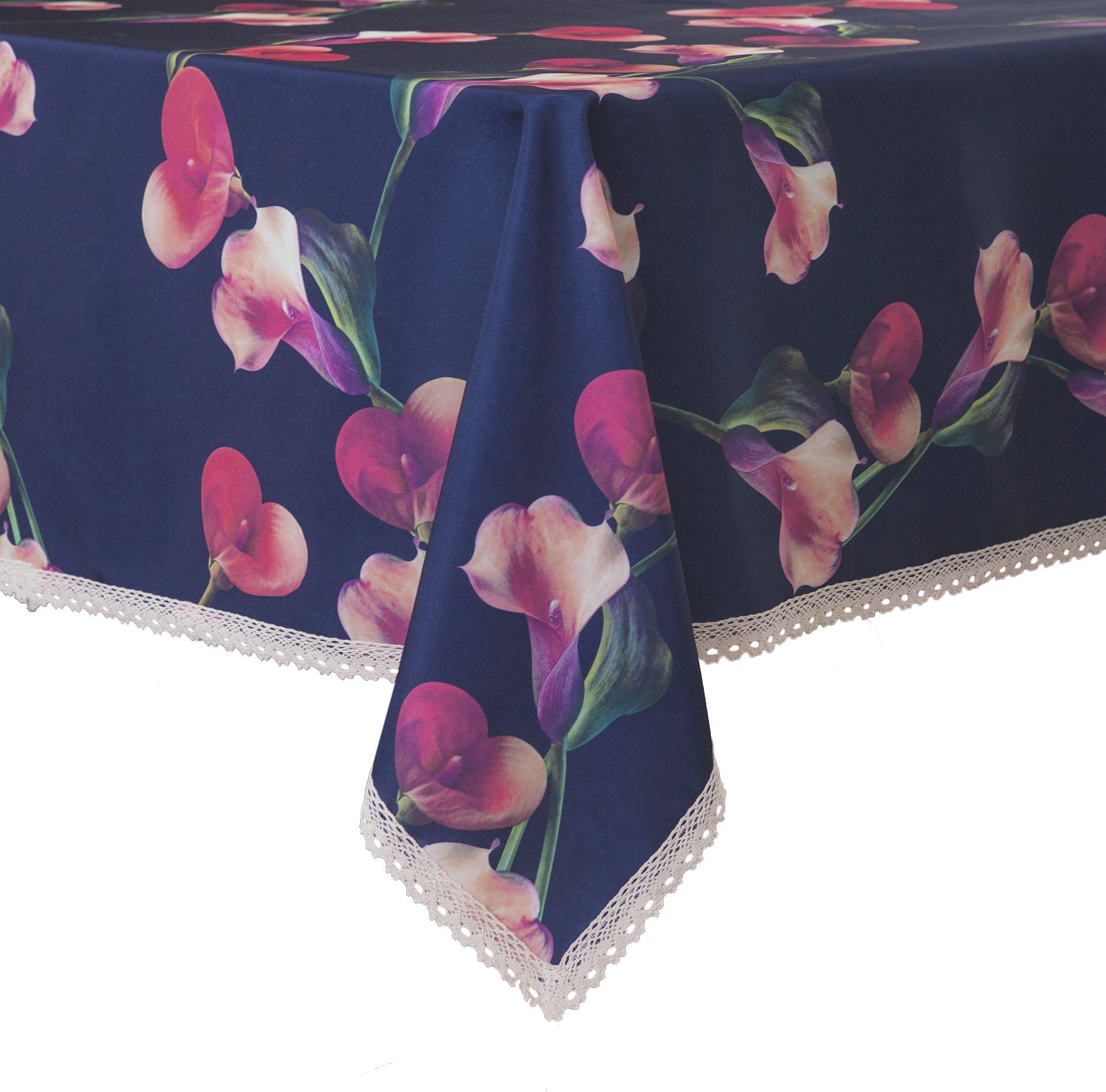 Wewoch Navy Floral Print Rectangle Tablecloth Water Resistant Wrinkle Free and Stain Resistant Fabric Tablecloths for Kitchen Room 60 Inch by 104 Inch