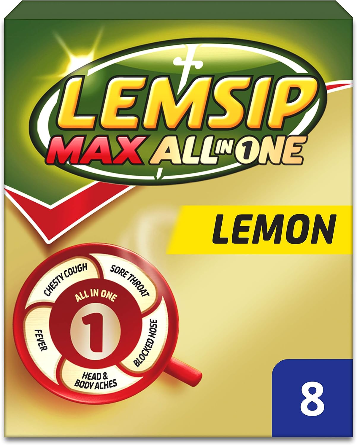Lemsip Cold and Flu Sachets, Lemon, 8 Sachets, Headache Relief, Nasal, Chesty Cough, Sore Throat Relief, Paracetamol