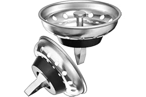 HILLTOP PRODUCTS 2 Pack - Kitchen Sink Strainer and Stopper Combo Basket Spring Clip Replacement for Standard 3-1/2 inch Drain, Stainless Steel Basket and Rod, Rubber Stopper Bottom