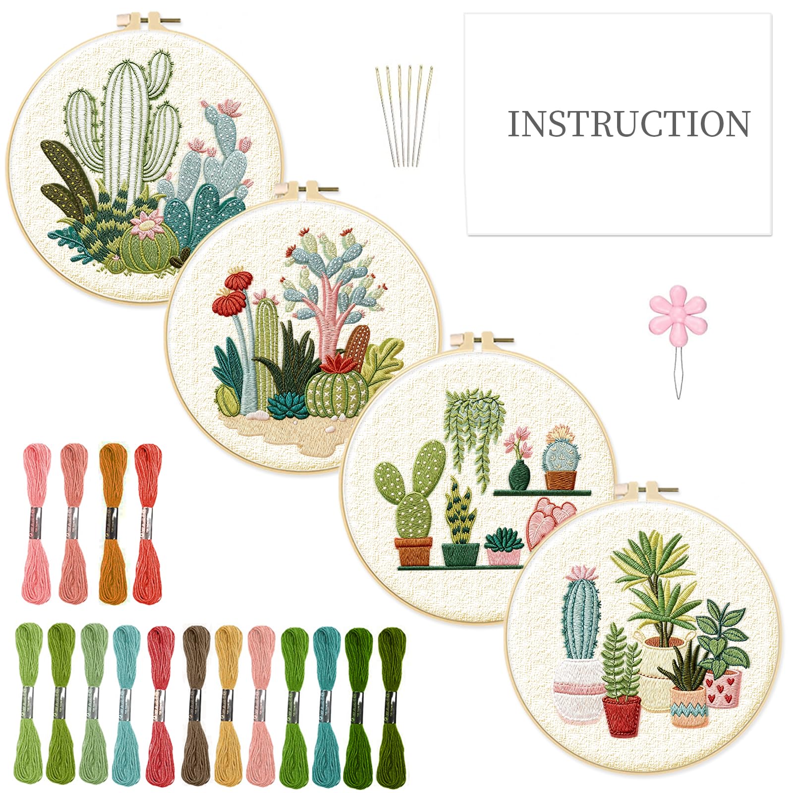 INFUNLY 4pcs Cactus Embroidery Kit Embroidery Starter Kits Cactus Cross Stitch Kits for Adults Stamped Embroidery Set with Patterns Embroidery Kit for Beginners Instruction Included