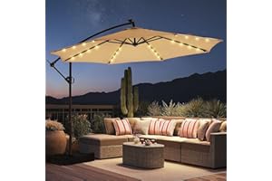 HOMSHADE 10ft Solar Lights Offset Cantilever Patio Umbrella - with Light and Base, LED Lighted Offset Hanging Patio Outdoor Market Umbrella UPF50+ UV Protection with Easy Tilt and Crank (Beige)