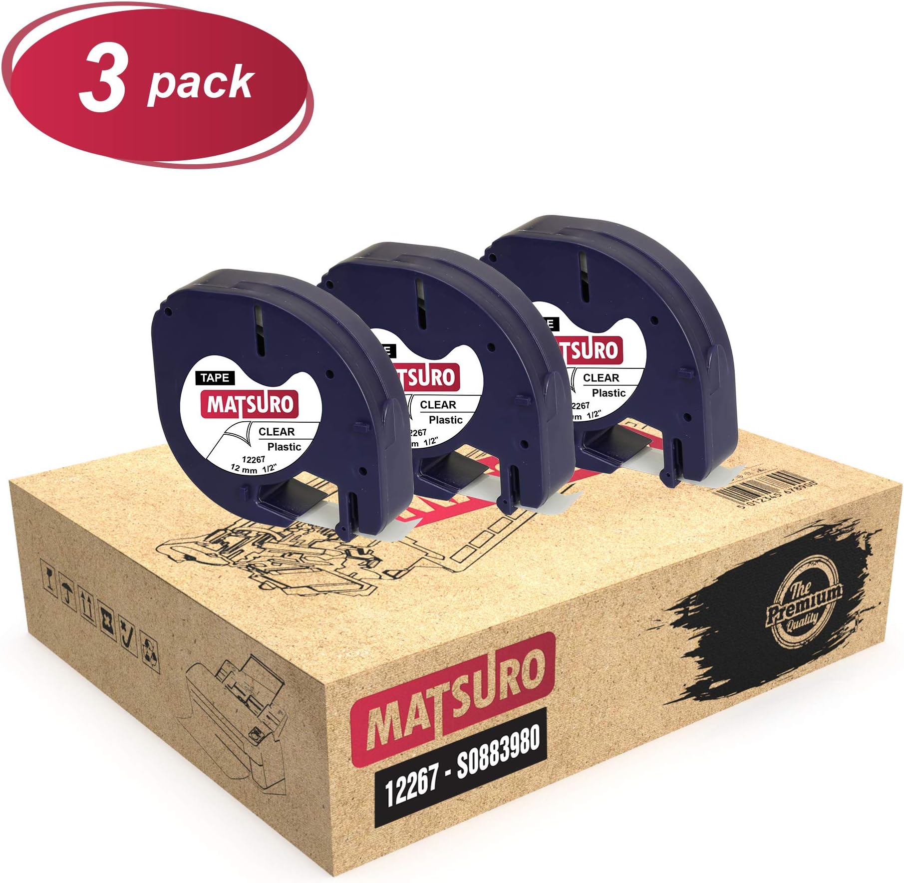 Matsuro Original | Compatible Plastic Label Tapes Replacement for DYMO LetraTag 12267 S0721530 Black on Transparent (12 mm x 4 m | 3 Pack)