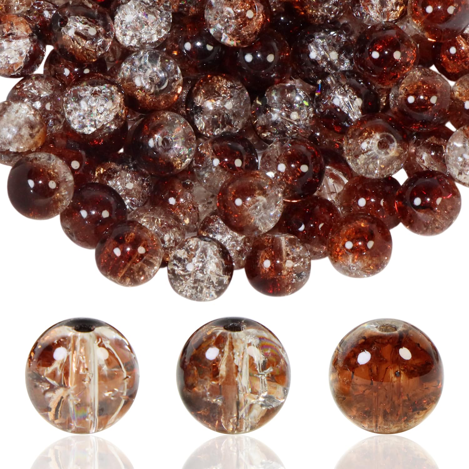 Photo 1 of 100Pcs 10mm Crackle Glass Beads for Jewelry Making - Round Spacer Crystal Beads Bulk, DIY Craft Supplies for Necklace Bracelet Earrings (Brown Transparent)