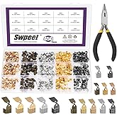 Swpeet 451Pcs 5 Colors 4mm 5mm 6mm Fold Over Cord Ends Cord Crimp Tips with Installation Pliers Assortment Kit, Leather Ribbon Cord End Clasp Tips Caps, Jewelry Connector for DIY Jewelry