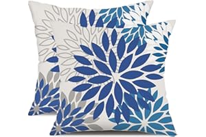 DFXSZ Blue Flower Pillow Covers 18x18 Inch Set of 2 Dark and Light Blue Colored Pillow Farmhouse Outdoor Waterproof Decor for Patio Funiture Garden Summer Floral Linen Square Cushion Cover