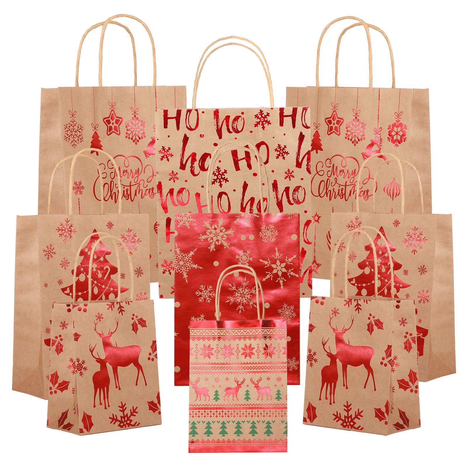 Nezyo 18 Pcs Christmas Kraft Paper Bags Xmas Gift Bags Multipack with Handle Bronzing Metallic Gift Treat Goodie Assorted Sizes Bulk for Holiday New Year Party Packaging Decor(Red)