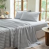 BESTDESIL Striped Bedding Sheet Set 4 Pcs,100% Washed Cotton Linen Like,1 Fitted Sheet,1 Flat Sheet and 2 Pillowcases,Comfy Textured Sheet Set(Strip-Light Grey/White,King)