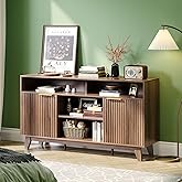VINGLI Boho Fluted TV Stand for 70" TV, Solid Wood Entertainment Center with Storage and Shelves, Tall Media Console with Cable Management, TV Cabinet for Living Room and Bedroom, Walnut
