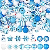 Bencailor 200 Pcs Winter Wooden Beads Winter Snowflake Craft Beads 16 mm 20 mm Snowman Wood Craft Buffalo Plaid Round Loose Spacer for DIY Garland Home Decor