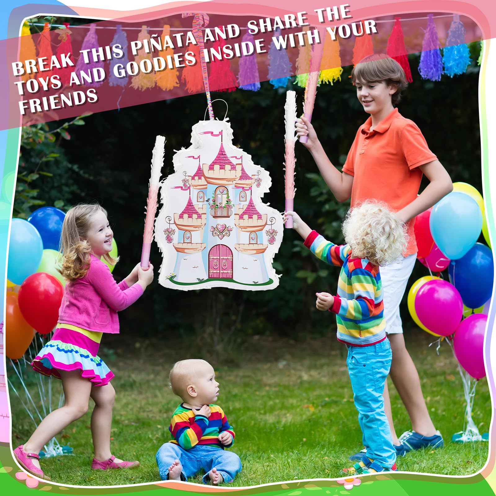 Syhood 70 Pcs Castle Princess Party Decorations Set Princess Castle Piñata Tiaras Crown Blindfold Mask Gem Stickers Gem Rings and Straws for Theme Birthday Party Supplies Decor