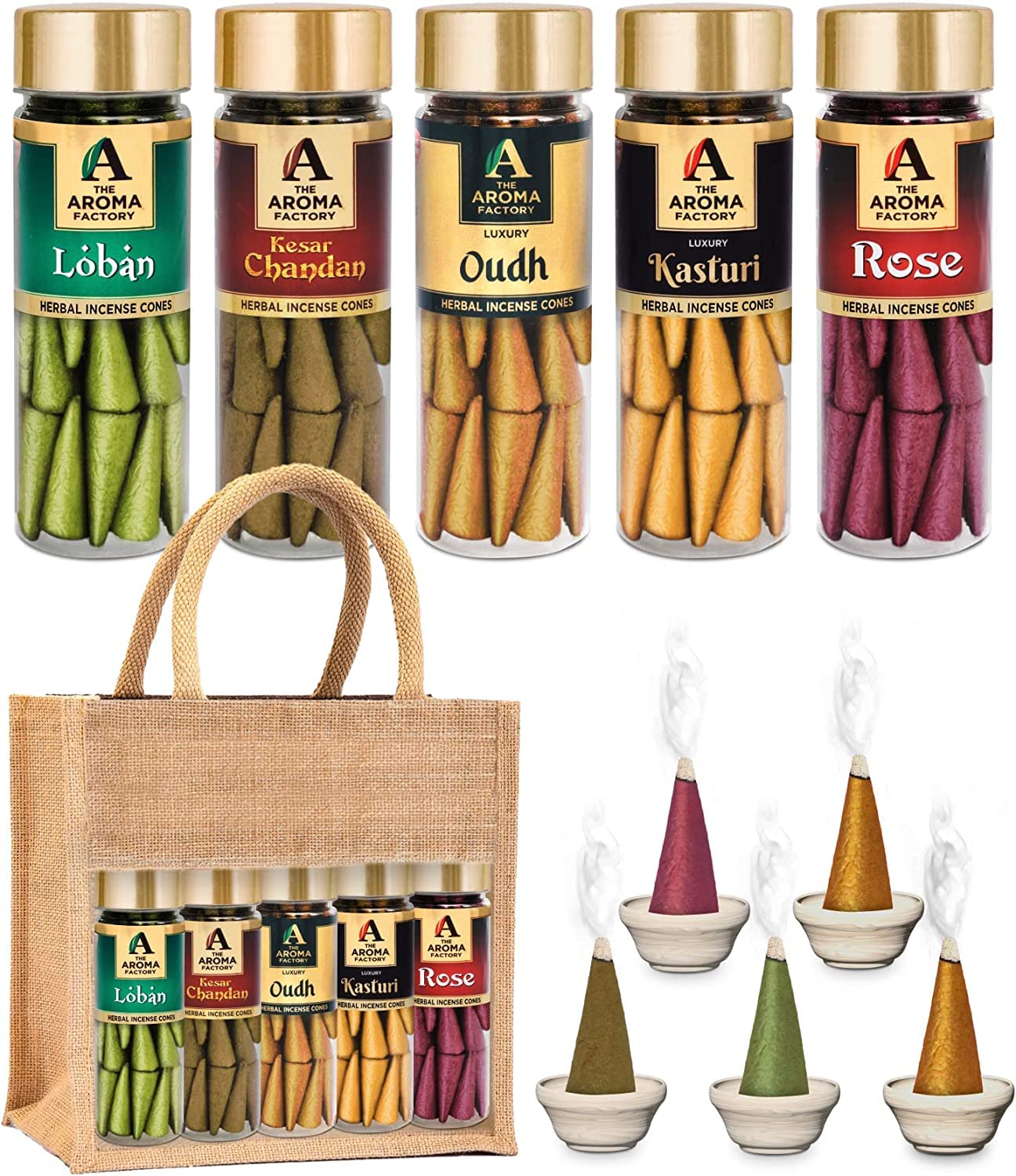 The Aroma Factory Organic Incense Cones No Charcoal | No Bamboo | Non Toxic | Assorted Herbal Dhoop, 5x30 Cones Jute Gift Set with Holder (Royal Luxury)