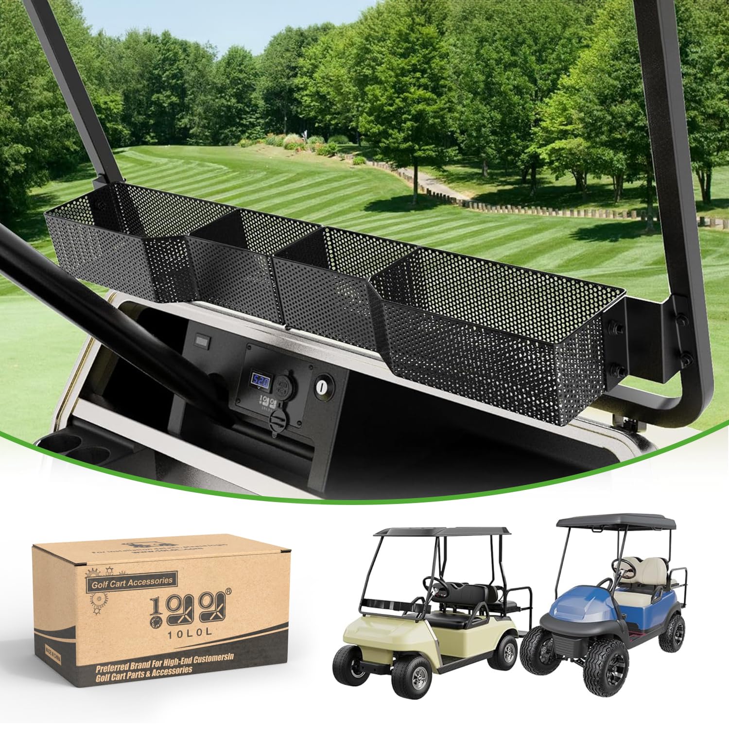 Photo 1 of 10L0L Golf Cart Storage Basket - Heavy Duty Front Dash Organizer for EZGO TXT/RXV & Club Car DS/Precedent - Steel Metal Utility Tray with 4 Secure Compartments (Drilling Required)